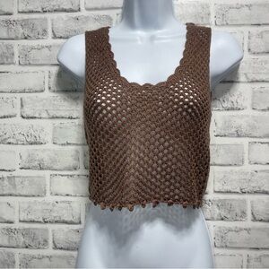 Bongo Brown Crocheted Open Knit Crop Tank Top Small